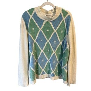 Alfred Dunner Green and White Argyle Sweater Size XL Cozy Retro Vintage Casual